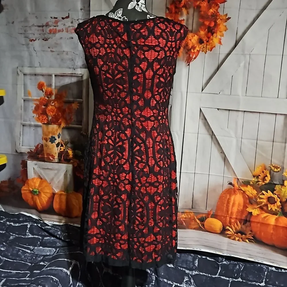 Connected Apparel 🦊 Sleeveless Red Midi Length Dress w Black Lace Overlay sz 8